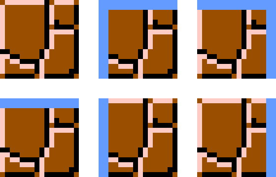 Van links boven naar rechts onder, ter visualisatie: volledig omringde module, linker bovenhoek, rechter bovenhoek, bovenste rand, linker rand, rechter rand.