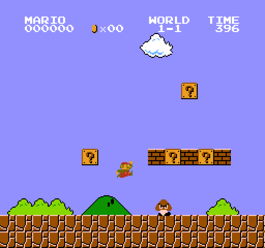Screenshot uit wereld 1, level 1 van Super Mario Bros. (verkregen via <a href='https://www.mariowiki.com/File:SMBLevel.png' target='_blank'>MarioWiki</a>)